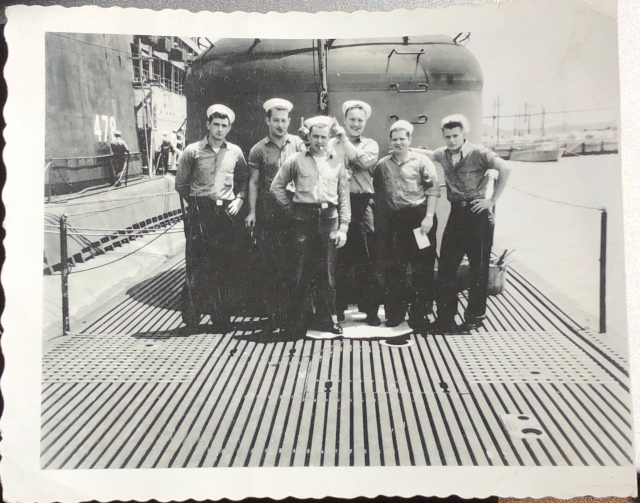 1958, Dad With Radio Operator Buddies Topside of the Sailfish SSR572. (Second From The Left.) Dad Was 22. (© 2022, My Image of Picture, F. P. Dorchak and Family)